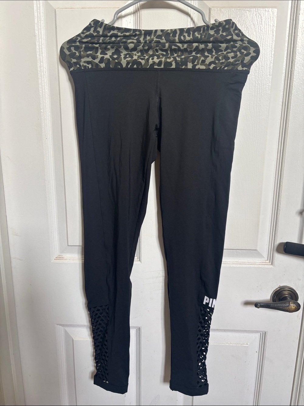 PINK Black Leggings with Lattice Cutout and